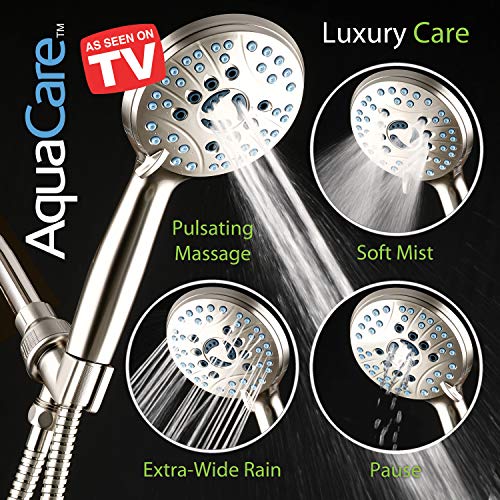 AquaCare 8-mode High Pressure Handheld Shower Head with 2-mode Power Wash | Stay Clean Nozzles, Dual Power Wash for Tub, Tile & Pets, Long 6 ft. Stainless Steel Hose, Wall & Overhead Brackets / Nickel - color: Satin Nickel, style: 1.8 Gallon Per Minute