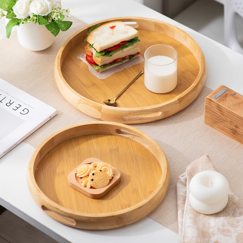 9.8" Round Bamboo Tray with Handles, Wood Serving Tray, Decorative Tray | Wooden Centerpiece Tray for Coffee Table, Kitchen, Living Room, Bedroom - size: 9.8"