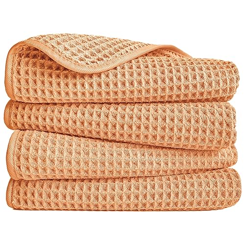 POLYTE 430 GSM Poly Blend Microfiber Quick Dry Waffle Hand Towel, 16x30 in | 4 Pack, Oversize, Lint Free, Quick Dry, Hanging Loop - color: Orange