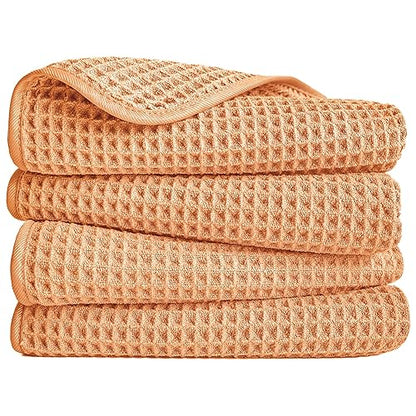 POLYTE 430 GSM Poly Blend Microfiber Quick Dry Waffle Hand Towel, 16x30 in | 4 Pack, Oversize, Lint Free, Quick Dry, Hanging Loop - color: Orange