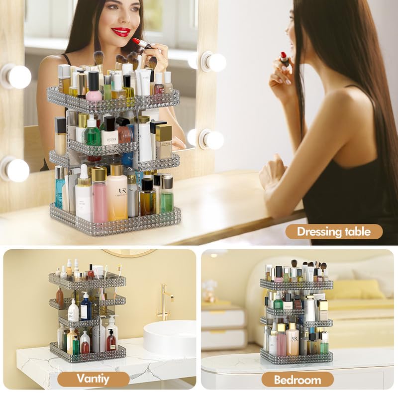 Makeup Organizer 360 Rotating Cosmetic Organizer, DIY Adjustable Makeup Carousel Spinning Holder Rack, Large Capacity Cosmetic Display Cases Vanity Countertop Fits Makeup Brushes Lipsticks (Grey) - color: Grey