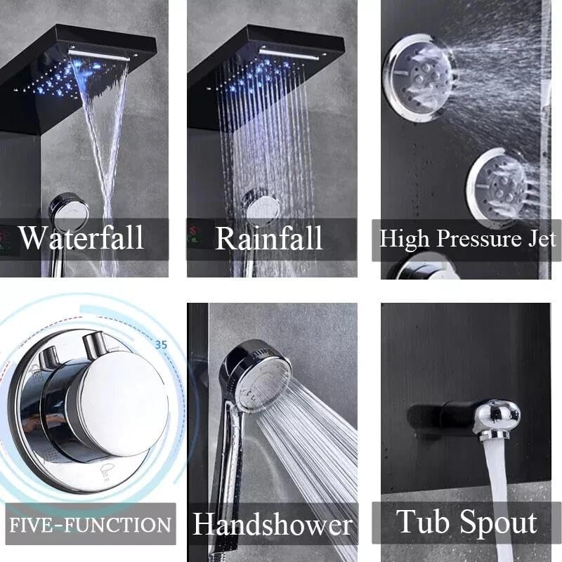 FUZ Matte Black Shower Panel Tower with LED Waterfall Rain Shower Head Digital Temperature Display 4 Body 99D-LFT8011andheld Shower Wand Tub Spout Multi Function Shower System for Bathroom