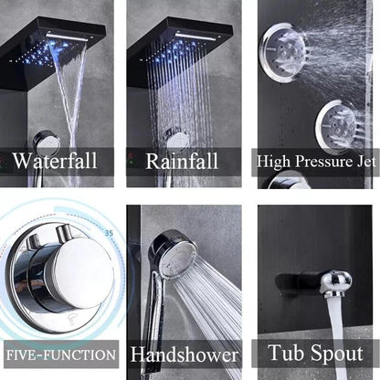 FUZ Matte Black Shower Panel Tower with LED Waterfall Rain Shower Head Digital Temperature Display 4 Body 99D-LFT8011andheld Shower Wand Tub Spout Multi Function Shower System for Bathroom