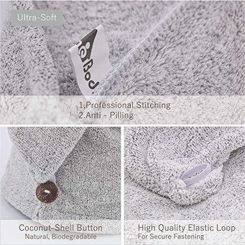 myHomeBody Hair Towel Wrap, Quick Drying Turban, Absorbent Cap – Gray | Hair Turban Towel for wet hair, Ultra Soft Charcoal Fiber Cap, Towel Head Wrap for bathing with Coconut Shell Button - color: Grey