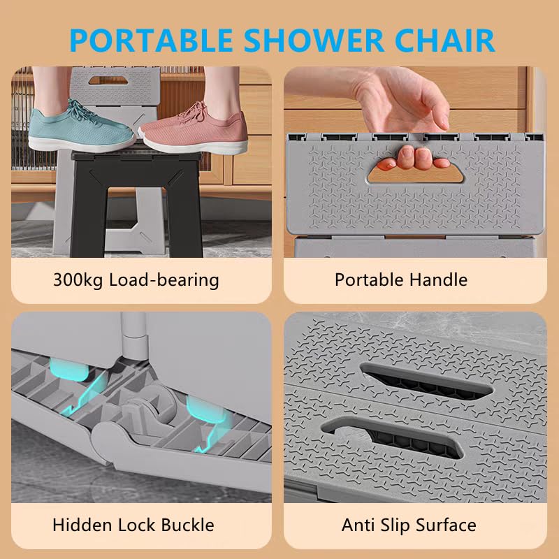 Foldable Shower Bath Safety Chair Seat Stool, Yellow 17.7 Inch High Anti-Slip Bench Bathtub Stool for Elderly or Seniors