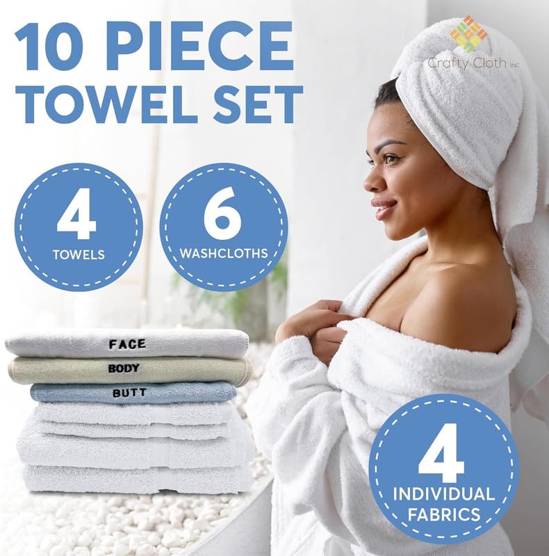 Crafty Cloth 10-Piece 4-Texture Towel Set for Complete Body Care, Embroidered | Luxurious Skin Care Towels for Cleaning, Exfoliating, and Drying – Brown, White, Purple, Gray - color: Brown/Gray/White/Purple, style: Embroidered