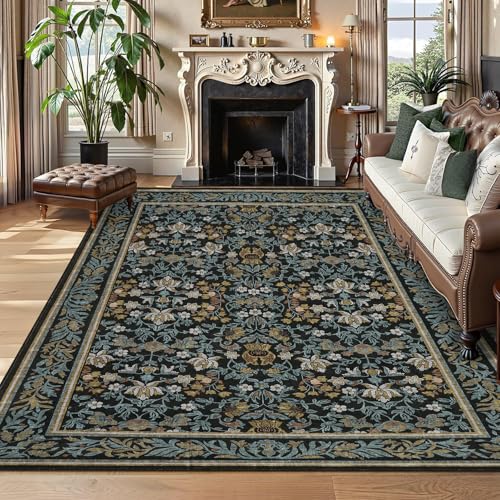 GarveeHome Washable Rug 9x12 Area Rugs for Living Room, Boho Rug Non Slip Vintage Low Pile Large Rugs for Bedroom Dining Room Stain Resistance Non-Shedding Carpet for Office Blue Black - color: Blue Black, size: 9' x 12' (Rectangular)