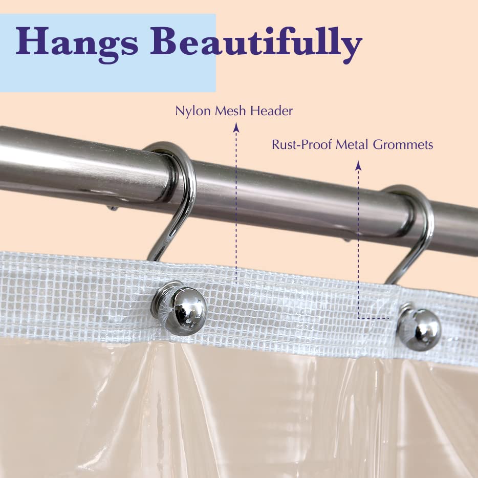 Epica Waterproof Shower Curtain Liner for Bathroom, Metal Grommets (Clear) | Rust-Resistant, Fights Odor and Stains, Nylon Mesh Header - color: Clear