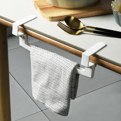 KALLORY 2pcs No Drill Towel Rack Buckle Bar, Removable Punch-Free Cabinet Door Hanging Towel Holder Organizer for Kitchen and Bathroom, White