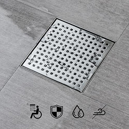 SaniteModar Square Shower Drain 4 inch Brushed with Square Hole Cover | 304 Stainless Steel Brushed Shower Drain with Hair Catcher and Threaded Adapter - color: Quadrato Pattern Grate, size: 4 inch