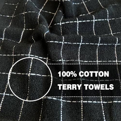 QUILTINA Kitchen Towels 6 Pack, 12 x 12 Inches, 100% Cotton Checkered Designed Terry Dish Cloths, Ultra Soft and Absorbent, Black - color: Black, size: 12 x 12 - 6 Pack-Checkered