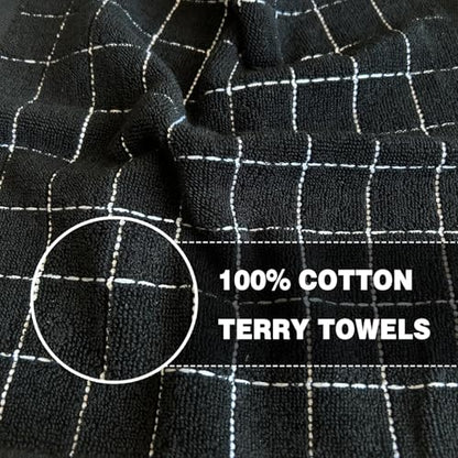 QUILTINA Kitchen Towels 6 Pack, 12 x 12 Inches, 100% Cotton Checkered Designed Terry Dish Cloths, Ultra Soft and Absorbent, Black - color: Black, size: 12 x 12 - 6 Pack-Checkered