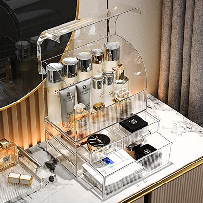 Professional Large Cosmetic Makeup Organizer Bathroom Storage Display Case with Drawers - color: Clear with Stripes