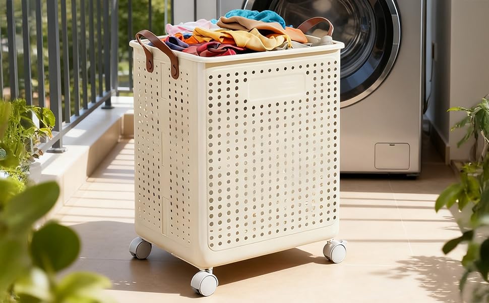 Slim Rolling Laundry Basket with Wheels Plastic Foldable Dirty Clothes Hamper Large Capacity Breathable Mesh Laundry Bin with Leather Handles for Narrow Space Bathroom White M