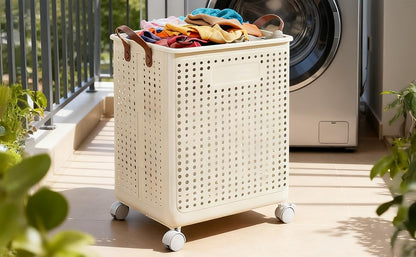 Slim Rolling Laundry Basket with Wheels Plastic Foldable Dirty Clothes Hamper Large Capacity Breathable Mesh Laundry Bin with Leather Handles for Narrow Space Bathroom White M