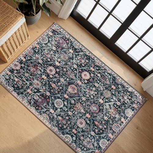 Lahome Moroccan Trellis Washable Rug, 2x3 Entryway Rugs for Kitchen Bathroom, Non-Slip Indoor Door Mat Ultra-Thin, Small Oriental Throw Carpet for Bedroom Entry Elise, Black/Multi - color: Charcoal Black/Blush, size: 2' X 3' (Rectangular)