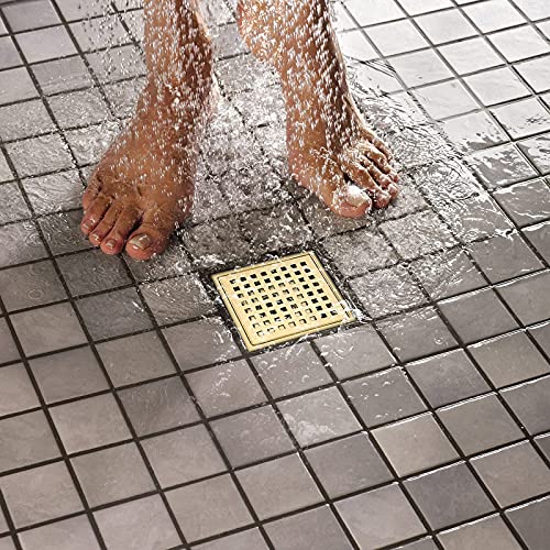 RANDOM Brushed Gold Shower Drain Square 6 Inch Shower Floor Drain with Grid Grate & Removable Hair Strainer 304 Stainless Steel Shower Drain Cover Bathroom Accessories.98738BG - color: C-brushed Gold-6″ Square