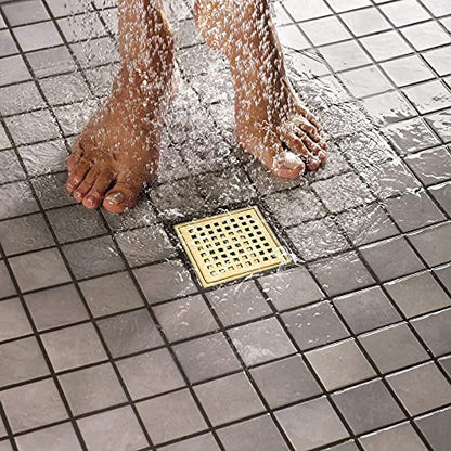 RANDOM Brushed Gold Shower Drain Square 6 Inch Shower Floor Drain with Grid Grate & Removable Hair Strainer 304 Stainless Steel Shower Drain Cover Bathroom Accessories.98738BG - color: C-brushed Gold-6″ Square