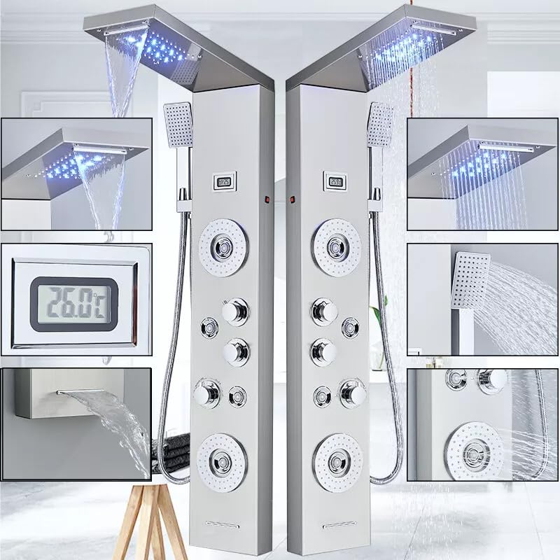 AlenArt Shower Panel LED Shower Tower System with Rainfall Waterfall Shower Head, 4 Body Massage Jets,Hand Shower Sprayer and Tub Spout Stainless Steel, Brushed Nickel - color: Brushed Nickel