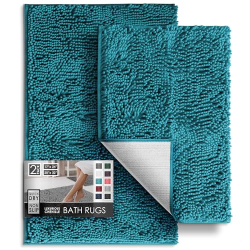 Hearth & Harbor Bathroom Rugs, Chenille Bath Mat - Machine Washable Bath Mats for Bathroom Non-Slip Backing Rubber, Quick Dry Bathroom Mat - color: Teal, style: 17 x 24 + 20 x 32