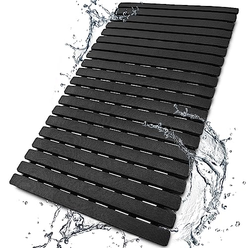 BEMISO Shower Mat Non Slip Bathtub Mat with Suction Cups and Drain Holes 27.5 x15.7 Inch Bath Mat for Tub & Shower.Easy Dry,Easy to Cut,Eco-Friendly - color: Black, size: 27.5 x 15.7 inches