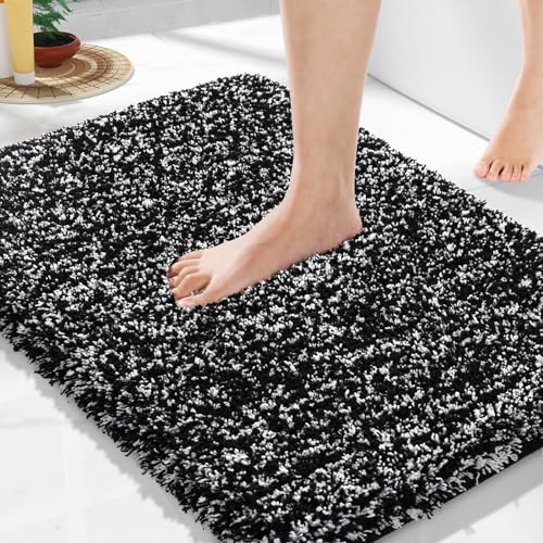 Yimobra Black and White Bathroom Rugs Non Slip Washable, Ultra Soft and Water Absorbent Bath Mats, Plush Fluffy Shower Mat Outside, Microfiber Thick Matts for Bathroom Floor/Sink, 24x17 - color: Black and White, size: 17" X 24"