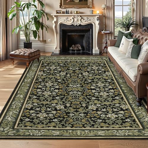 GarveeHome Washable Rug 9x12 Area Rugs for Living Room, Boho Rug Non Slip Vintage Low Pile Large Rugs for Bedroom Stain Resistance Non-Shedding Throw Carpet for Office Green Black - color: Green Black, size: 9' x 12' (Rectangular)
