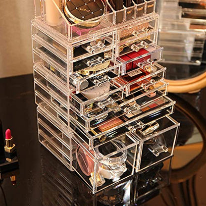 Cq acrylic 4 Pack Clear Makeup Organizer Countertop,Stackable 12 Drawers Skincare Organizer,Cute Skin Care Organizer for Vanity Hair Clip,Jewelry,Beauty Product Desk and Make Up Organizers for Vanity - size: 12 Drawers