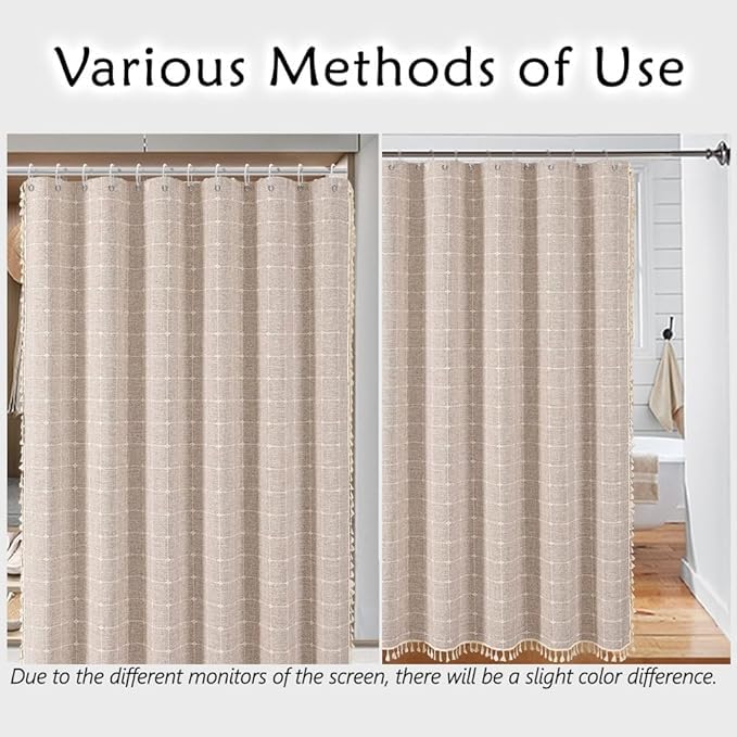Farmhouse Brown Shower Curtain - Boho Modern Linen Fabric Shower Curtains for Bathroom, Chic Cute Wrinkle Free Thick Bathroom Curtain Set with Tassel - Bohemian Cloth Shower Curtain Long 71x79, Tan - color: Taupe, size: 71"W x 79"L (Pack of 1)