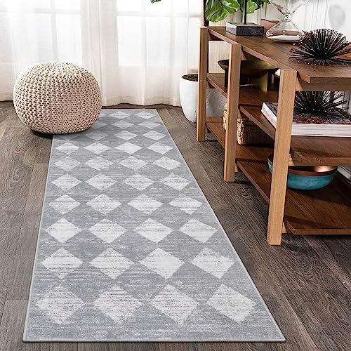 Lahome Moroccan Trellis Runner Rug - 2x6 Laundry Room Carpet Runner Washable Hallway Runners Rug with Rubber Backing, Checkered Modern Soft Indoor Carpet Runners for Bathroom Kitchen Entryway, Grey - color: Grey, size: 2' x 6' (Runner)