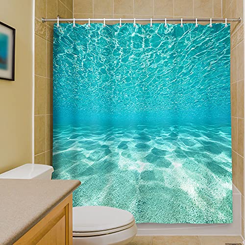 MERCHR Cute Teal Blue Ocean Shower Curtain, Nature Underwater Sea World Sand Beach Bathroom Curtains Waterproof Fabric, 71 x 71 Inches - color: Teal, size: 71"W x 71"L (Pack of 1)