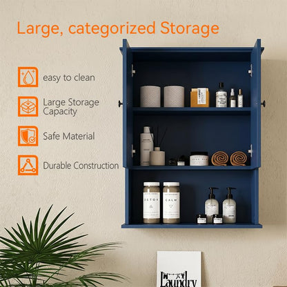 Medicine Cabinet, Over The Toilet Storage Cabinet, 24x30 Inch Wall Mount Bathroom Storage Cabinet with 2 Doors & Adjustable Shelf, Wooden Bathroom Wall Cabinet, Navy Blue - color: Blue