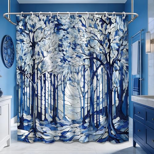 Small Stall Narrow Shower Curtain Blue and White Stand Up Scenic Nature Garden Shower Curtains for Rv Camper Bathroom Decor Sets, Waterproof Cloth Fabric with Hooks, 48 x 72 Inch - color: Blue and White, size: 48"W x 72"L (Pack of 1)