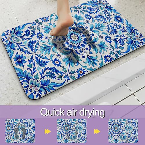 Blue Flower Bathroom Rug, Rapid Dry Absorbent with Non-Slip Rubber Base Bath Mats for Bathroom 17"x30" - color: Blue Flower