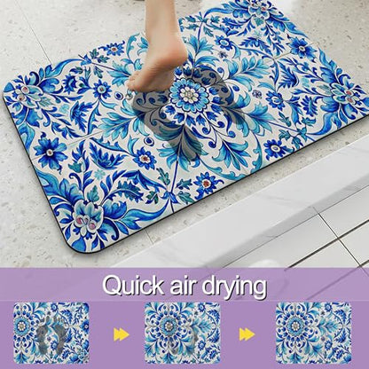 Blue Flower Bathroom Rug, Rapid Dry Absorbent with Non-Slip Rubber Base Bath Mats for Bathroom 17"x30" - color: Blue Flower