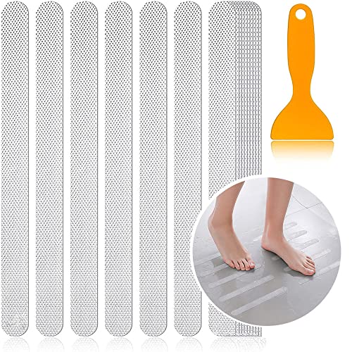 6 Pieces Anti Slip Shower Stickers, Transparent Adhesive Safety Strips with Scraper, Durable Textured Stickers for Bathtub, Floor, Stairs, 0.8"×7.8"