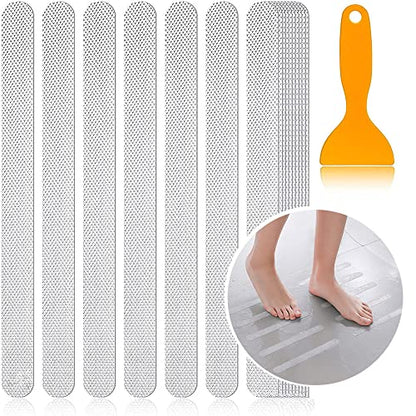 6 Pieces Anti Slip Shower Stickers, Transparent Adhesive Safety Strips with Scraper, Durable Textured Stickers for Bathtub, Floor, Stairs, 0.8"×7.8"