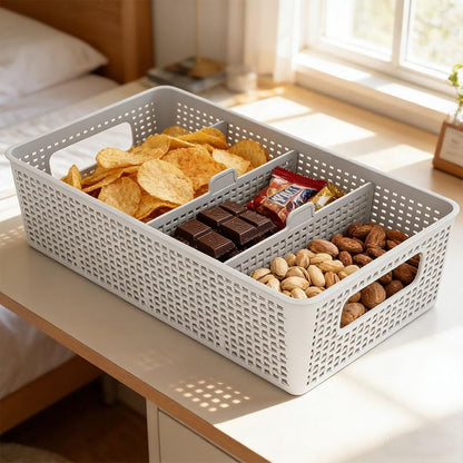 3 Compartment Stackable Bin with Adjustable Dividers, Stackable Storage Bin & Compartment Tray for Kitchen, Bathroom Vanity, Office Desk Supplies, and Bedroom Accessories (White)