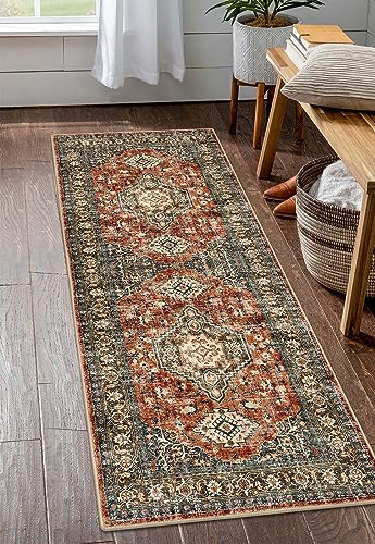 Lahome Oriental Washable Kitchen Runner Rug, 2x6 Carpet Runners for Hallway 6ft Non Skid, Vintage Soft Hallway Rug for Bathroom Bedroom Entryway Eleanor, Brick Red - color: Brick Red, size: 2' x 6' (Runner)