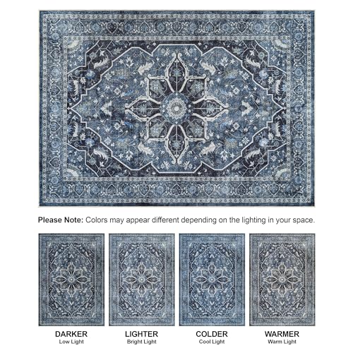 Bloom Rugs Caria Washable Non-Slip 7 ft Runner - Blue/Charcoal Traditional Runner for Entryway, Hallway, Bathroom, and Kitchen - Exact Size: 2'6" x 7' - color: Blue / Charcoal, size: 2'6" x 7' (Runner)