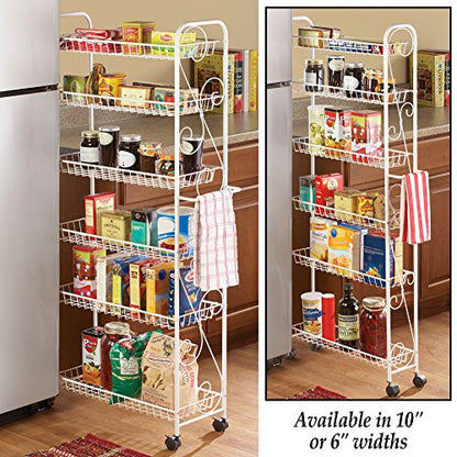 Collections Etc Slim Rolling Pantry 6-Tier Shelf, White Metal with Elegant Scroll Design Accent - Extra Kitchen and Bathroom Storage, 6" - size: 6"