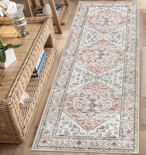 Lahome Boho Washable Non-Slip Pink Rug - Ultra-Thin Non-Shedding Bedroom Bathroom Carpet Runner for Hallway Entryway Adelyn (Pink, 2'x6') - color: Light Pink, size: 2' x 6' (Runner)