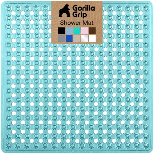 GORILLA GRIP Patented Square Shower Stall Mat, Small Bathtub Floor Mats for Stand Up Showers, Suction Cups and Drainage Holes, Machine Wash, Soft on Feet, Bathroom Accessories 21x21 Inch, Turquoise - color: Turquoise (Translucent), size: 21" x 21" (Square