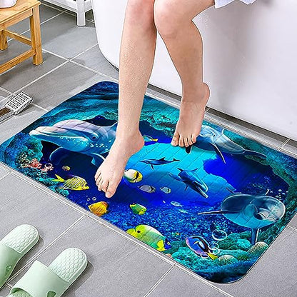 Navy Blue Non Slip Bath Tub Mat Ocean Shower Mat Non-Slip Cute Dolphin Blue Sea Ocean Fish Bathtub Mats with Suction Cups and Drain Holes Bathroom Soft Showermat 15"x27" - color: Dolphin&fish