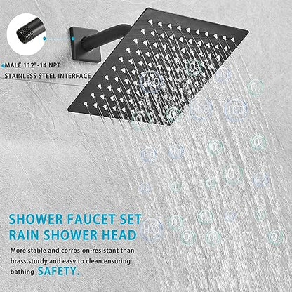 Shower Faucet Set Rain Shower System Matte Black with High Pressure 8-Inch Shower Head Handheld Square Shower Head Bathroom Luxury Rain Shower Faucet Shower Complete Combo Kit Wall Mounted - color: Matte Black, style: 8"- 2 Function
