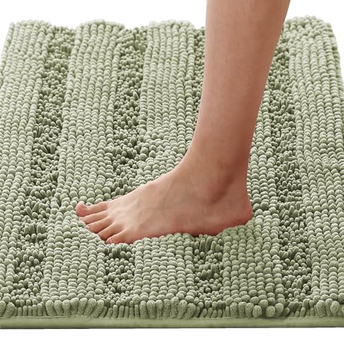 H.VERSAILTEX Bath Mats for Bathroom Non Slip Thick Chenille Striped Bath Rug Absorbent Fluffy Soft Shaggy Rugs Washable Dry Fast Plush Mats for Indoor, Bath Room, Tub - 17" x 24", Eucalyptus Green - color: Eucalyptus Green, size: 17" x 24"