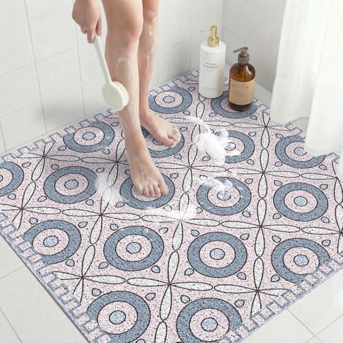 Non Slip Loofah Shower Mat, 31 x 31 Inch Square Bath Mat for Inside Shower, XL Soft PVC Loofah Foot Scrubber Bath Mat for Walk-in Shower and Bathroom, Quick Drying & Machine Washable, Pink Circles - color: Pink Circles, size: 31" x 31" (Square)