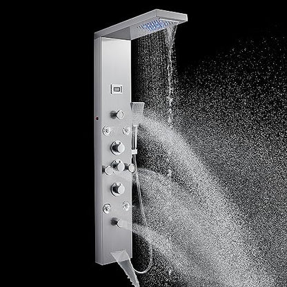 POPFLY LED Rainfall Waterfall Shower Panel Tower System, 4 Body Jets and 4 Mist Spray, 3-Function Handheld Shower, 304 Stainless Steel Shower Tower with Temp Display, Brushed - color: 8 Jets-brushed