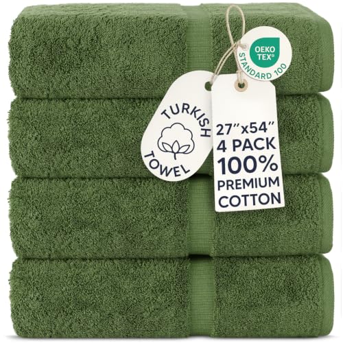 Chakir Turkish Linens 4 Piece Bath Towel Set, 100% Cotton Luxury Turkish Towels for Bathroom, Soft Absorbent Bath Towels, 27 x 54 Inches, Moss - color: Moss