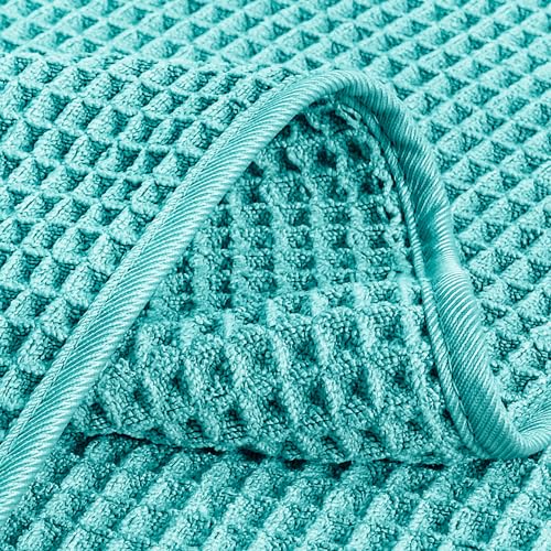 POLYTE 430 GSM Poly Blend Microfiber Quick Dry Waffle Hand Towel, 16x30 in | 4 Pack, Oversize, Lint Free, Quick Dry, Hanging Loop - color: Aqua
